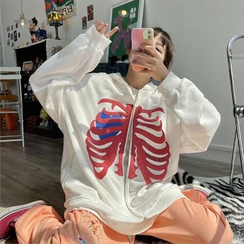 Zip-up Y2K Harajuku Hoodies Korean Style Oversized Skull Print Gothic Grunge Long Sleeve Hoodie Vintage Student Girl Sweatshirt