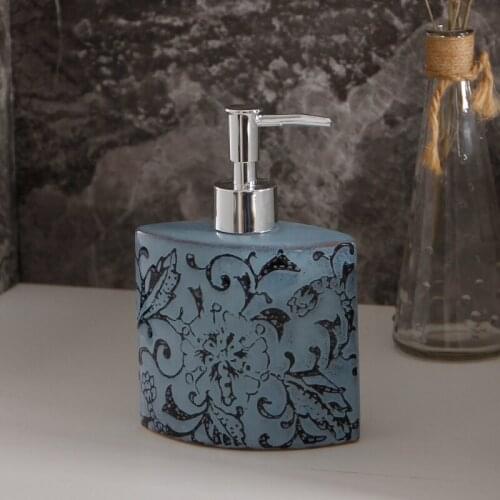 Ceramic hand sanitizer bottle Bathroom toilet lotion shower gel shampoo press dispensing jar For travel Blue embossed Retro
