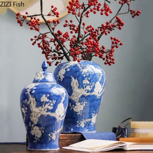 Ceramic Storage Tank Chinese Style White Plum Blossom Relief Desktop Storage Organization with Cover Flower Vase Home Decoration