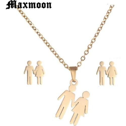 Maxmoon High Quality Stainless Steel Necklace&Earrings Jewelry Set Little Boy&Girl Pendant Family Love