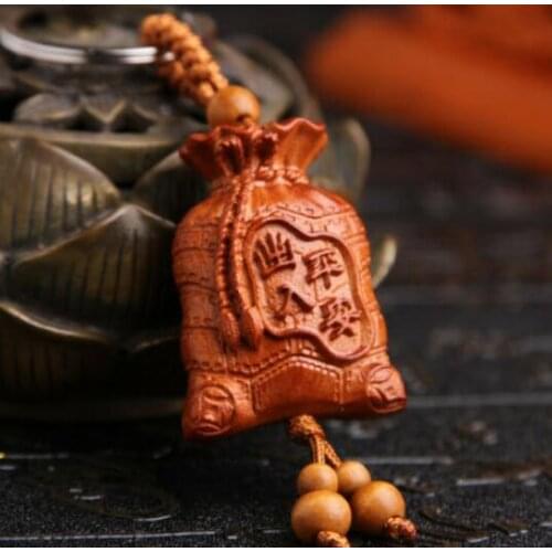 Pixiu Money Bag Wood 3D Carved Chinese Fengshui Pendant Key Chain Keyring Craft