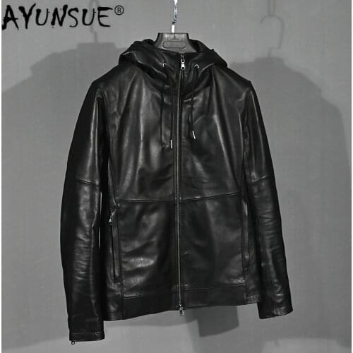 AYUNSUE 2020 New Mens Genuine Leather Jacket Hooded Sheepskin Coat Spring Autumn Mens Leather Jackets Chaqueta Cuero Hombre