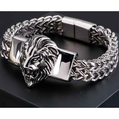 Hip Hop Lion Head Metal Bracelet Men 316L Stainless Steel 12MM Wide Snake Chain Mens Charm Bracelets Best Friends Hand Jewelry