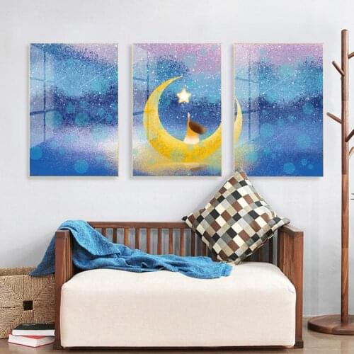 Baby Girls Bedroom Wall Art Paintings Abstract Starry Moon Poster and Prints Kids Room Nursery Cartoon Pictures Canvas Decor