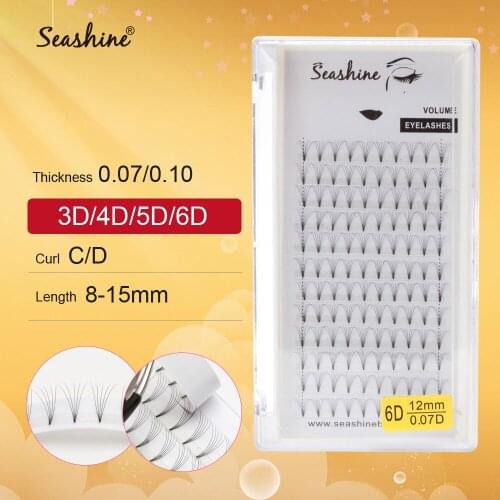 Seashine Russian Volume Lashes Extensions 1 Tray Short Stem Premade Fans 0.05mm Thickness 8-18mm Length Eyelashes Extensions