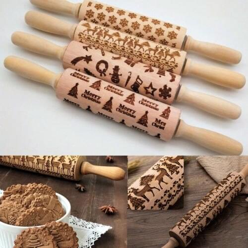 Christmas Design Wooden Rolling Pins Engraved Embossing Roller For Cookies Noodle Biscuit Cake Fondant Making