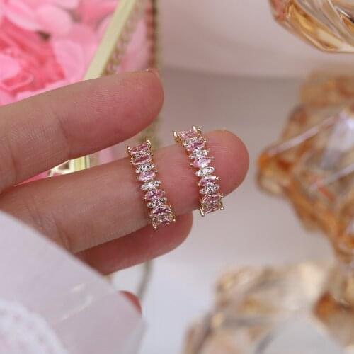 Korea Hot Fashion Jewelry 14K Real Gold Plating AAA Pink Zircon Semicircle Simple Earrings Elegant Womens Daily Accessories