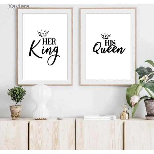Modern Minimalist Wall Art Canvas Painting King Queen Word Black and White Poster Home Decor Childrens Room Murals and Pictures