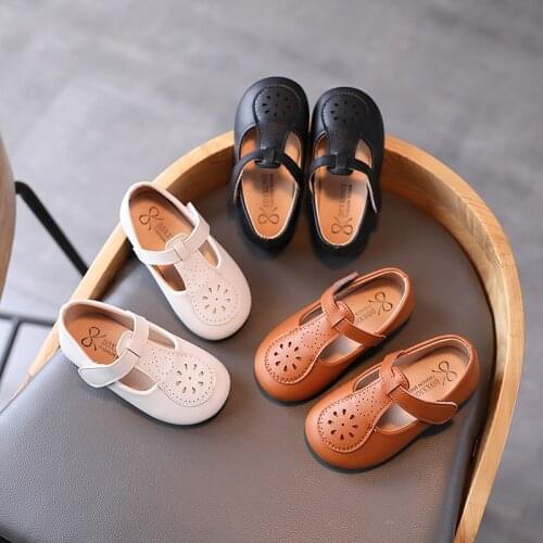 Girls Leather Shoes T-strap Breathable Kids Flats 2021 Spring Autummn Soft Childrens Leather Flats Cut-outs Princess Sweet Cute