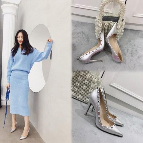 Womens shoes rivet high heels pointed toe stiletto womens shoes patent leather silver shallow mouth black orange single shoes