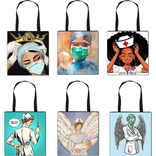 Thank You Doctor & Nurse Women Totes Nurse Angel with Wings Fashion Handbag Girls with Crown Canvas Shoulder Bag Shopping Bags
