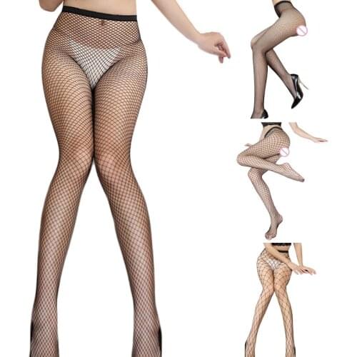 Women High Waist Sexy Sheer Tights Hollow Out Fishnet Stockings Black Cross Mesh Pantyhose Nightclub Party Lingerie
