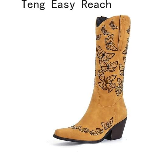 Microfiber Ladies Knee High Boots Spring Autumn Fashion Embroidered Western Knight Boots Winter Square Heel Slip on Women Shoes