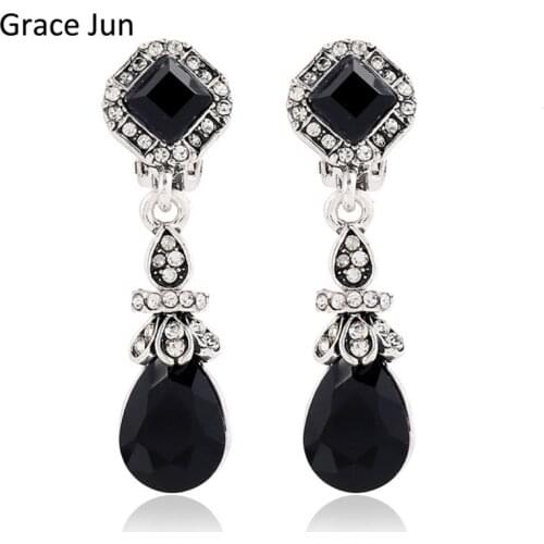 Grace Jun Black Vintage Bohemia Style Waterdrop Clip Earrings No Pierced for Women Elegant Resin and Rhinestone Clip Earrings