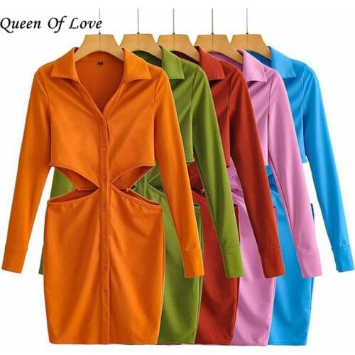 Sexy High Waist Cut Out Dress Pink 2021 Autumn Fashion Streetwear Women Long Sleeve Single Breasted Shirt Dresses Outfits Y2K