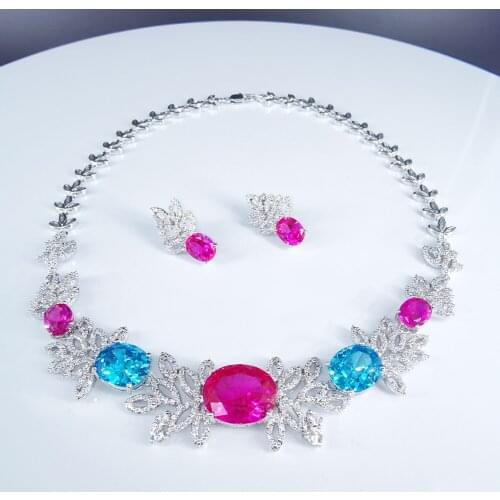 2020 new fashion luxury red blue oval zircon necklace earring set,wedding bridel dinner banquet dress jewelry free shipping
