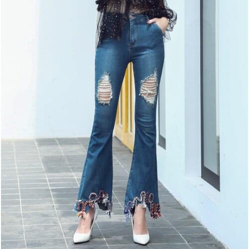 2019 New Women Flare Jeans Fashion National wind Embroidery Slim Elastic Denim Female Stretchy Skinny Pants Bell Bottom Jeans