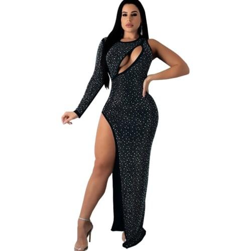 Diamonds Hollow Out Irregular Evening Party Dress Women Sexy One Shoulder Long Sleeve High Slit Maxi Banquet Club Dress RV380