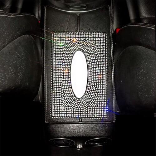 Car Tissue Holder with Tissues Rhinestone Crystal Sparkling Napkin Box PU Leather Paper Towel Storage Case Bling Car Accessorie