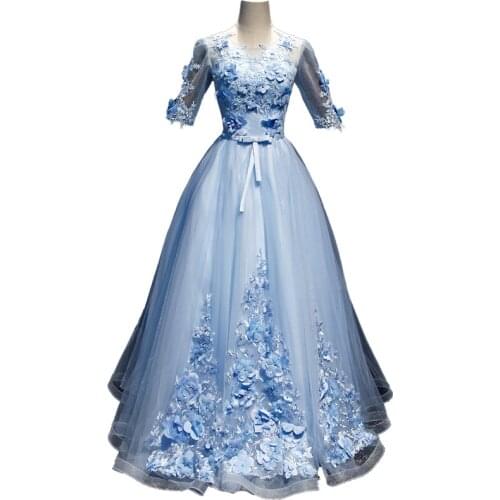 Freeship half sleeve blue flower rococo Medieval Renaissance drama stage Gown event Costume Victoria Marie Antoinette Belle Ball