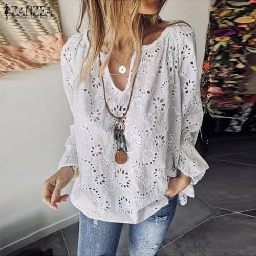 Bohemian Lace Tops Womens Summer Blouses ZANZEA 2021 Casual V Neck Blusas Female Hollow Long Sleeve Embroidery Tunic Plus Size