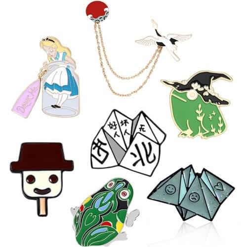 Cartoon childrens stories Enamel Pin Alice Jumping Frog Prince Fashion Brooch swan Iron sheet Paper folding Toy Lapel Pin Badge