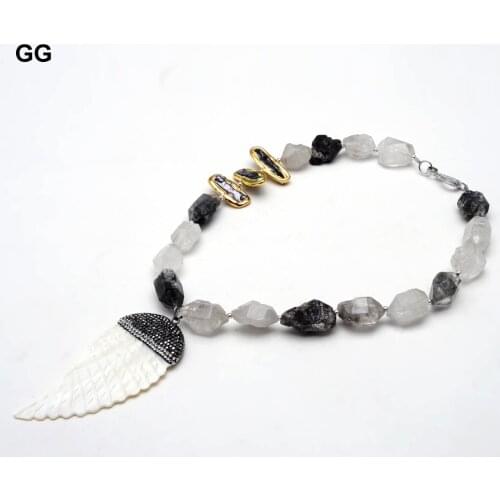 GG Jewelry Natural Black Biwa Keshi Pearl Cloudy Quartz Rough Nugget Necklace Shell Carved Wing CZ Pendant Handmade For Women