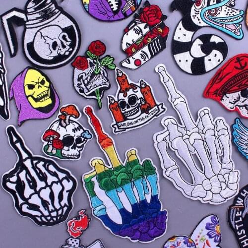 Hippie Skull Biker Patch Grim Reaper Iron On Patches For Clothing DIY Bike Badge Applique Skulls Embroidered Patches On Clothes