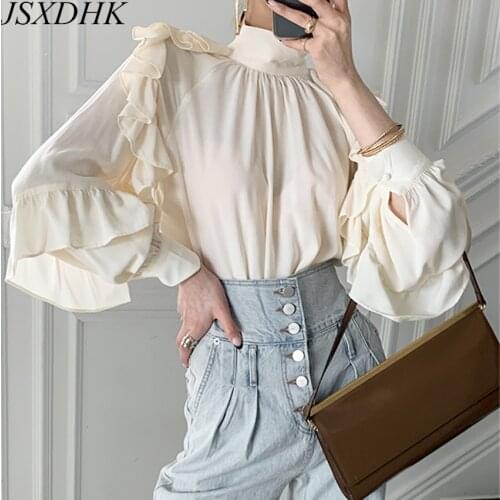 JSXDHK 2021 New Chic Korean Autumn Shirt Tops Elegant Women Chiffon Ruffles Lantern Sleeve Female Stand Collar Loose Blouses