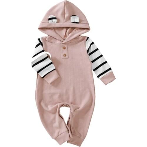 2020 Newborn Baby Hooded Romper Autumn Winter Baby Girl Long Sleeved Striped Print Hoodies Jumpsuit 3-24 M Infant Kids Clothing