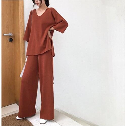 Wide Leg Pants Suit Knitting Female Sweater Pantsuit for Women Two Piece Set Pullover V-Neck Long Sleeve Bandage Top