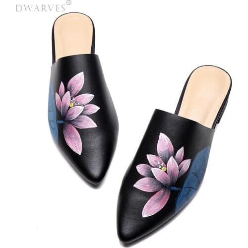Handmade Retro Leather Painted Lotus Slippers For Women Pointed Toe Leather Mules