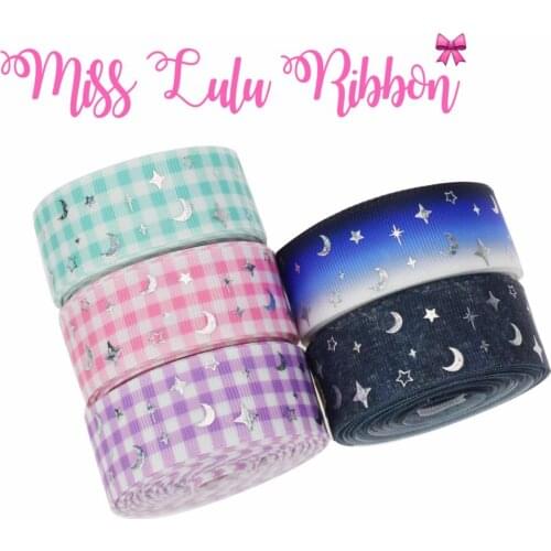 1"25mm Star Moon Hologram Silver Foil Colorful Check Printed Grosgrain Ribbon Denim Like Hair Bowknots Making 50yards/roll