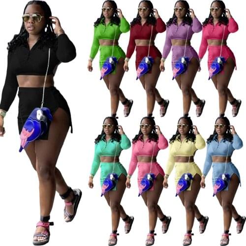 Summer Two Piece Set Women Sets Ensemble Femme Long Sleeve Crop Tops Mini Dress Skirt Set Tracksuit Women