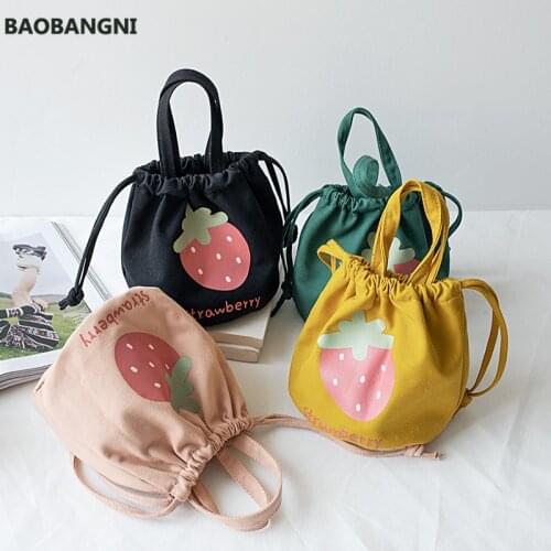 Mini Canvas Drawstring Bag Female Cartoon Strawberry Handbag Bucket Bag Lunch Box Small Cloth Bag Women Tote Food Bags