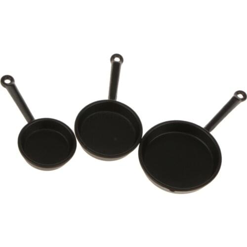Dollhouse Miniature Black Metal Frypan Frying Pans Cooking Pot Cookware Kitchen Accessory 1/12 Scale Set of 3pcs