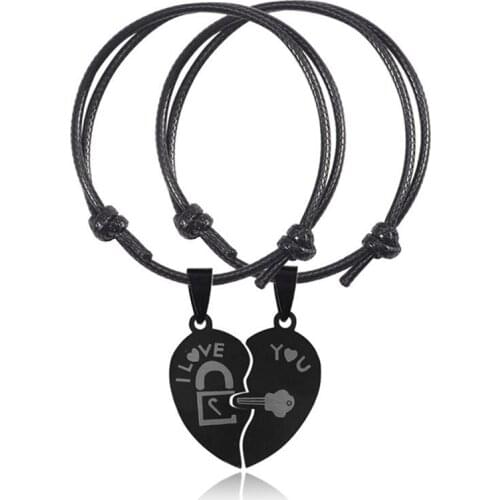 2PCS/Set New Couple Bracelets for Women and Men Heart Black Stainless Steel Key Lock Two Halves Paired Bracelet Fashion Jewelry