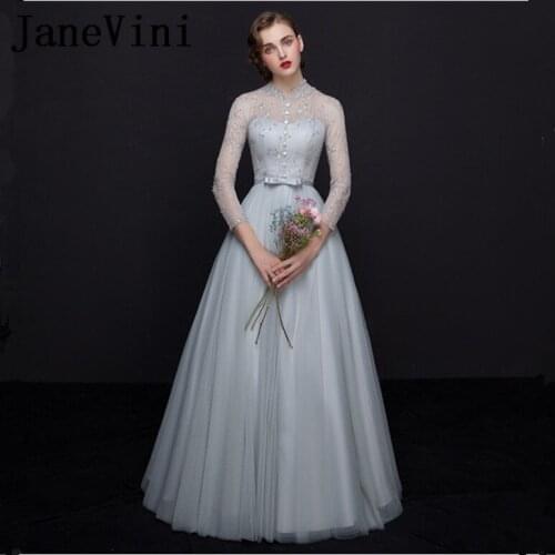 JaneVini Charming Light Gray Sequined Long Bridesmaid Dresses A Line High Neck 3/4 Long Sleeves Tulle Prom Gowns Floor Length