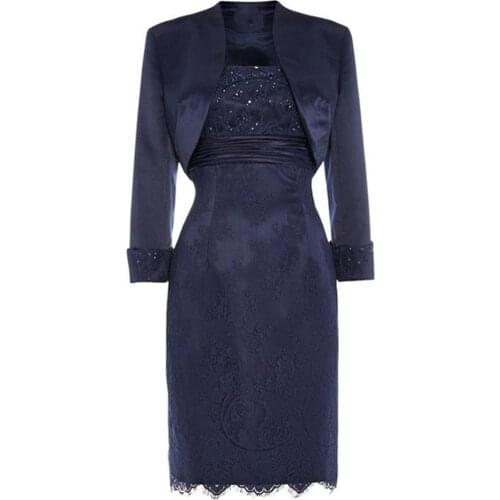 Brides mom dress with silver coat blue beaded lace satin knee length spring and autumn formal banquet wedding guest dress