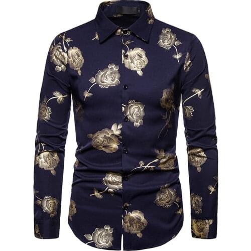 Slim-fit long-sleeved shirt with rose bronzing print spring and autum man mature shirt