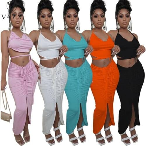 VAZN 2021 INS High Waist Backless Beach Set Young Sexy Solid Open Soft Bikini High Waist Maxi Skirts Skinny Women 2 Piece Set