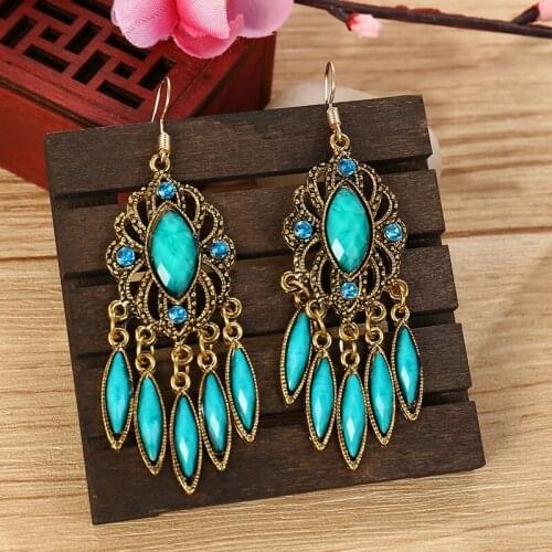 Bohemian Acrylic Rhinestone Water Drop Tassel Earrings for Women Retro Ethnic Style Personality Geometric Alloy Earring Jewelry