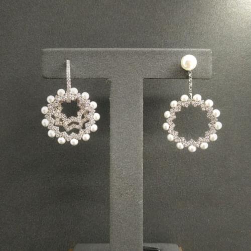 New Vintage Ear Rings Trendy Sun Flower Shape Cz Crystal Paved Pearl Earrings For Women Lovers Birthday Party Zk40