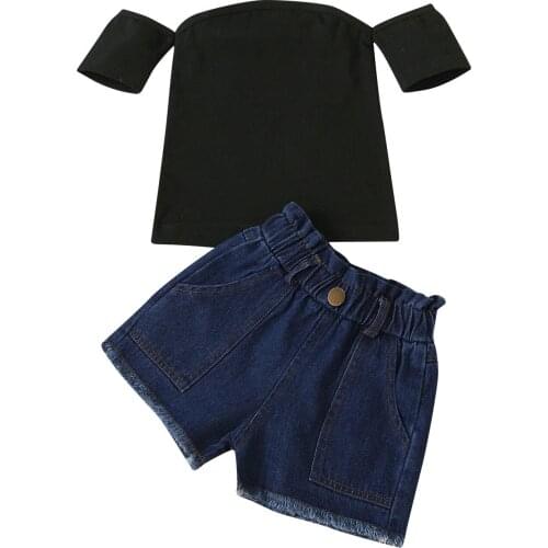 1-6 Years Little Girls Casual Suit Solid Color Off-the-shoulder Short Sleeve Slim Elastic T-shirt and Loose Jeans Shorts