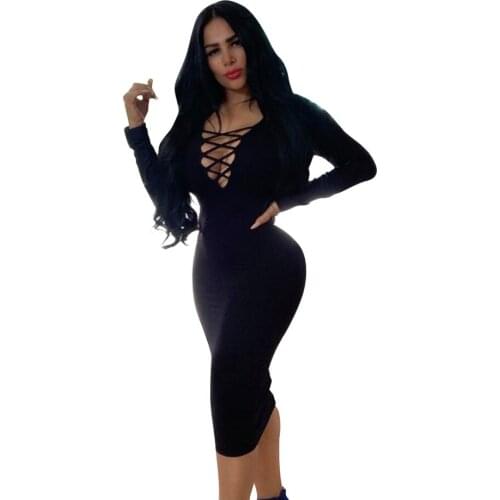 Zoctuo Women Sexy Bandage Dress Night Club Dress Color Solid Patchwork V neck Long Sleeve Middle Waist Pullover Milk Silk