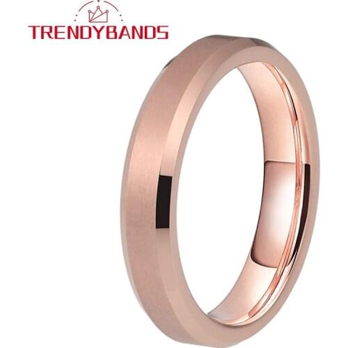 4MM Rose Gold Womens Tungsten Carbide Rings Wedding Band With Beveled Edges Matte Finish Comfort Fit