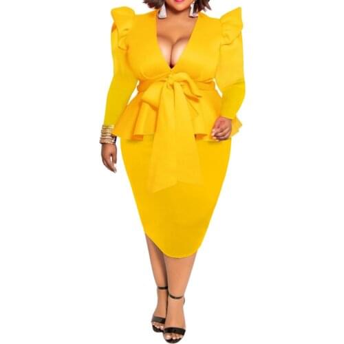 Dress 5xl Plus Size Yellow Bodycon Women Sexy V Neck African 2020 High Waist Elegant Dinner Midi Dress Bow Tie Dress Vestiods