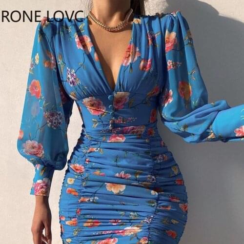 Women Chic Long Lattern Sleeves Deep V neck Folds Mesh Floral Mini Sexy Bodycon Party Dress