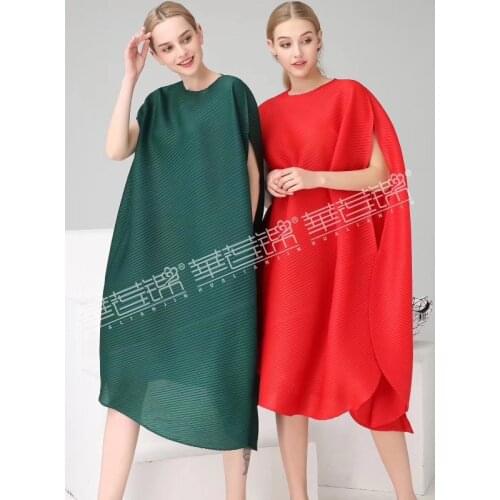 HOT SELLING Miyake fasion fold short sleeve fashion o-neck solid Asymmetrical dress IN STOCK