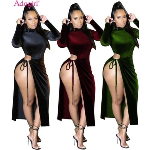 Adogirl Women Christmas Velvet Dress Fashion Sexy Turtleneck Long Sleeve Hollow Out Lace Up High Split Midi Club Party Dresses
